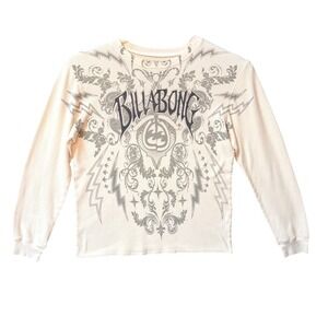 Billabong Thermal Shirt Mens Med Off White Y2K Graphic Long Sleeve Waffle
